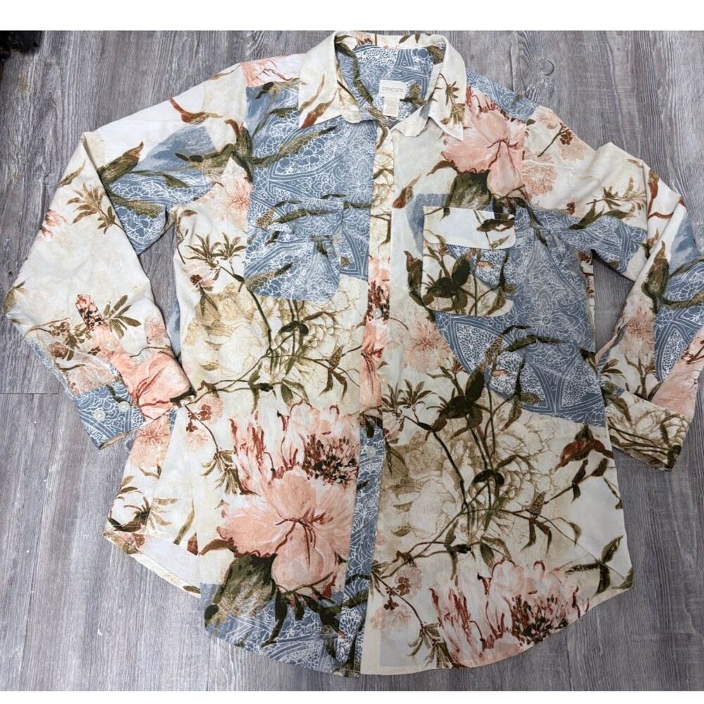 Chico's Blouse 1 M Floral Silky Long Sleeve Button Down Fall Boho Artsy Workwear